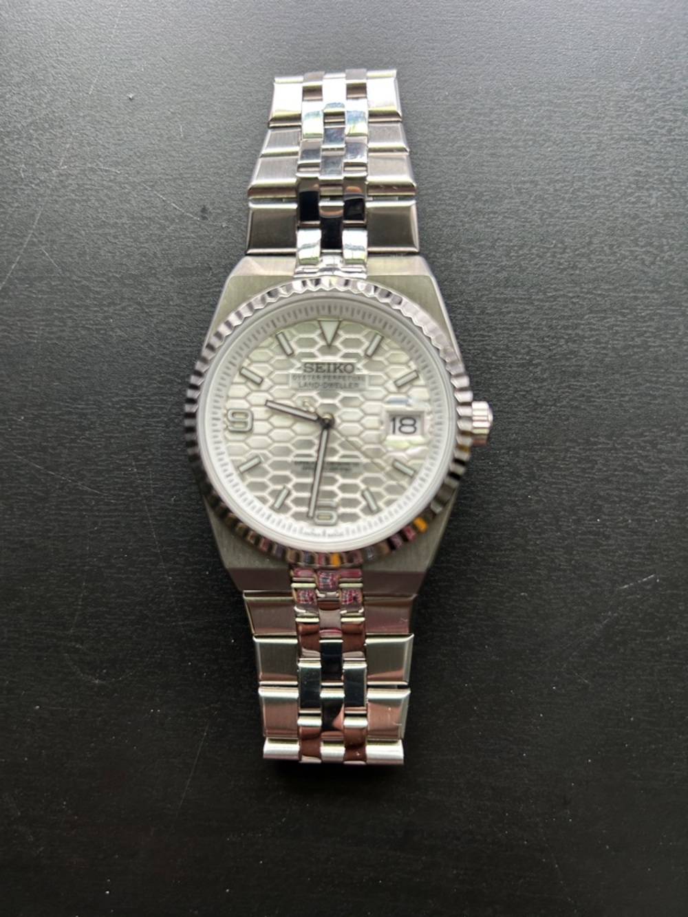 Seiko Mod Land Dweller Silver Stainless Steel Watch with White Textured Dial